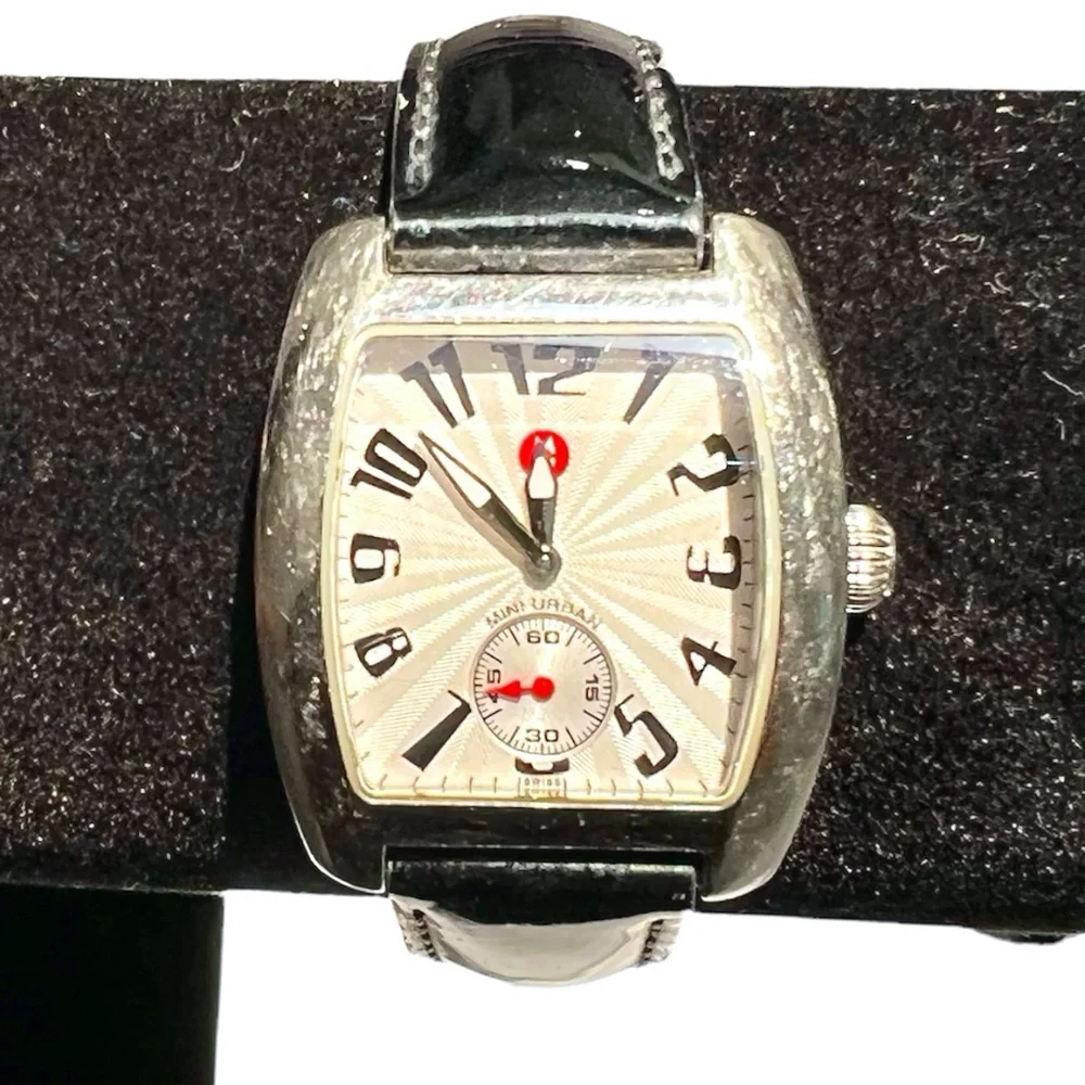 MICHELE MINI URBAN STAINLESS STEEL WATCH WITH BLACK PATENT LEATHER STRAP